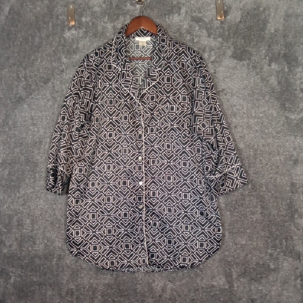 Natori Black and White Geometric Sleep Shirt Button Up Womens Medium